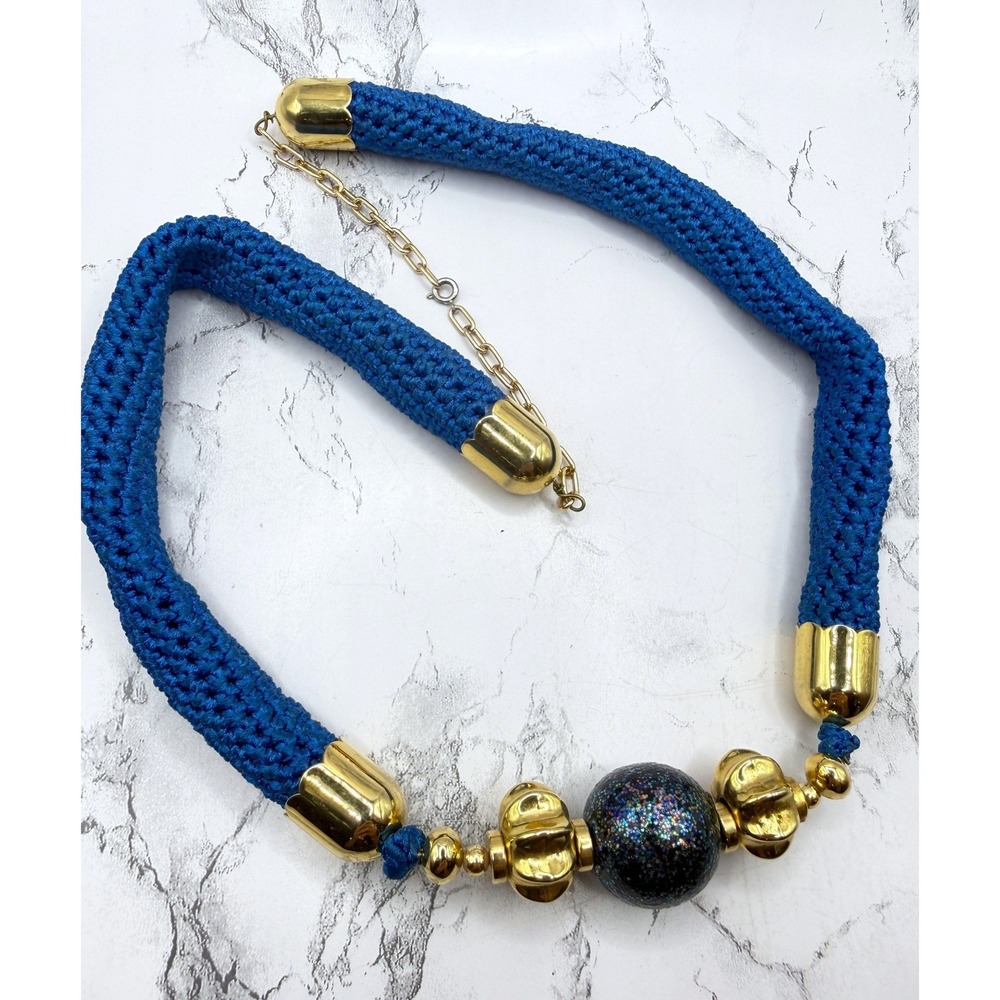 Blue Woven Cord Statement Necklace Gold Beads Sparkle Oil Slick Center Bead